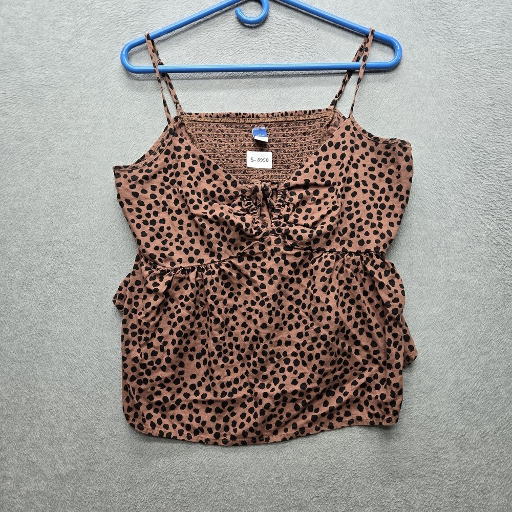 Old Navy Women Blouse L PETITE Brown Linen Rayon Animal Print Peplum Ruffle